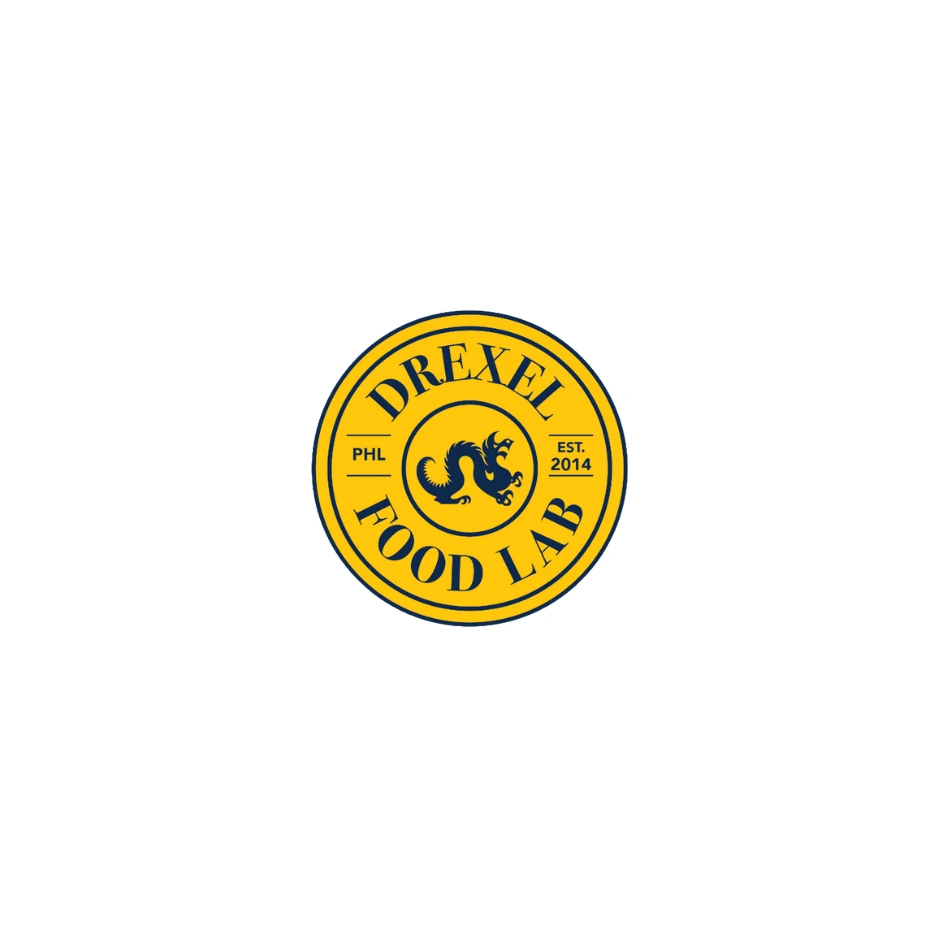 Drexel Food Lab circular logo in yellow with a blue dragon emblem, text “PHL,” “Est. 2014,” and “Drexel Food Lab.