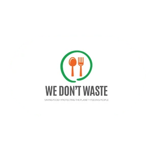 Logo of We Don’t Waste featuring an orange spoon and fork inside a green circle with text: We Don’t Waste – Saving food, protecting the planet, feeding people.