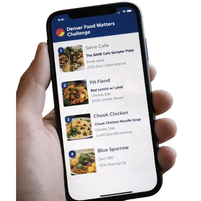 Person holding a smartphone displaying a food app with a list of Denver restaurants and dishes, including images, names, and addresses.